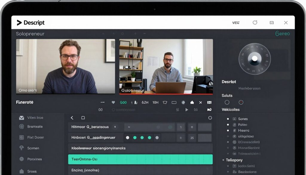 Descript's video editing interface being used by a solopreneur to create content