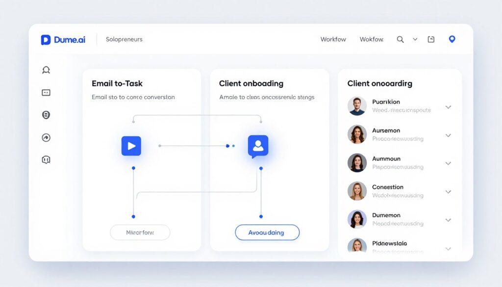 Dume.ai workflow automation interface showing email to task management for solopreneurs