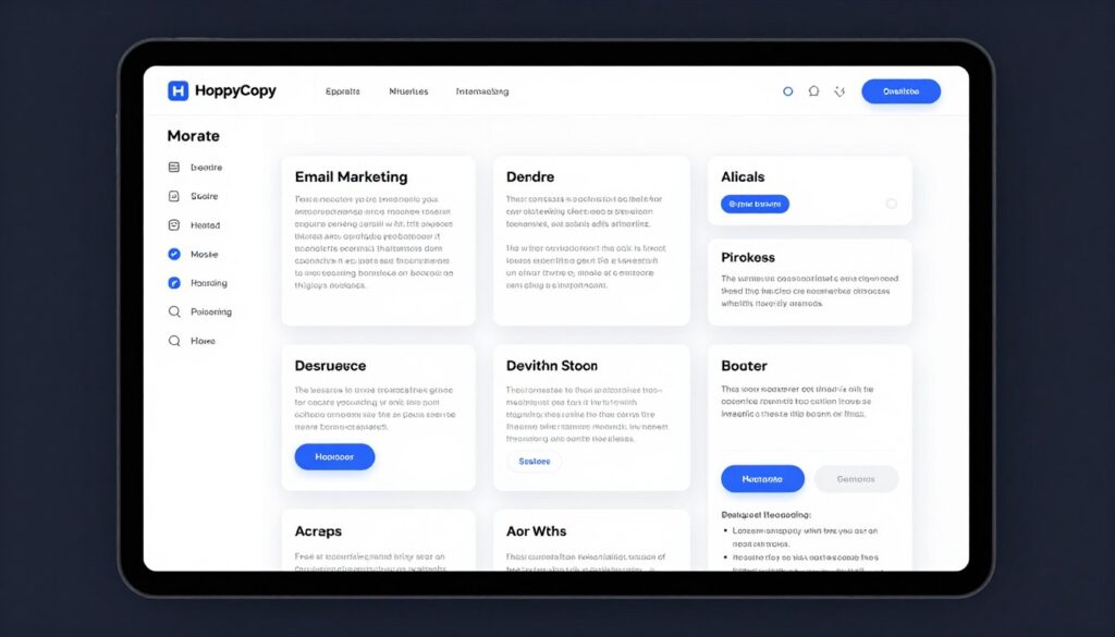 HoppyCopy interface showing email marketing templates for a solopreneur campaign