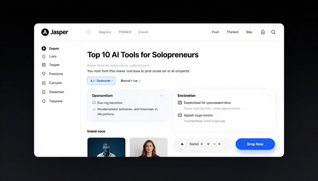 Jasper AI interface showing content creation for a solopreneur's blog post about top 10 ai tools