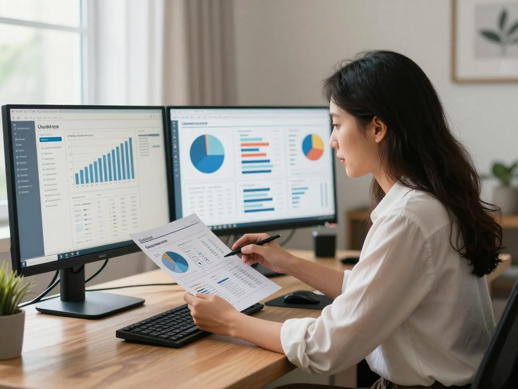 Freelance consultant reviewing client reports created with Claude Cowork assistance