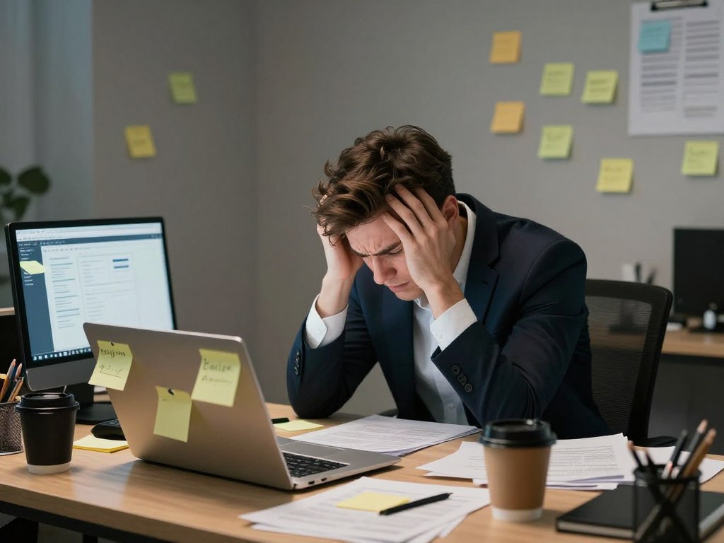 Overwhelmed entrepreneur surrounded by multiple tasks and sticky notes showing work pressure