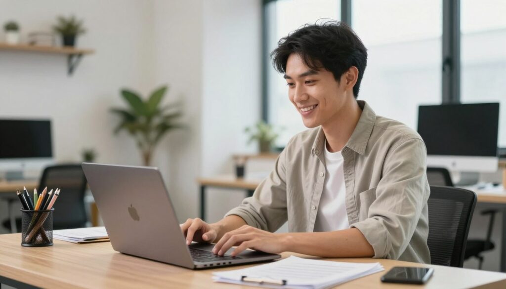 Solo entrepreneur successfully working with Claude Cowork showing satisfaction and productivity