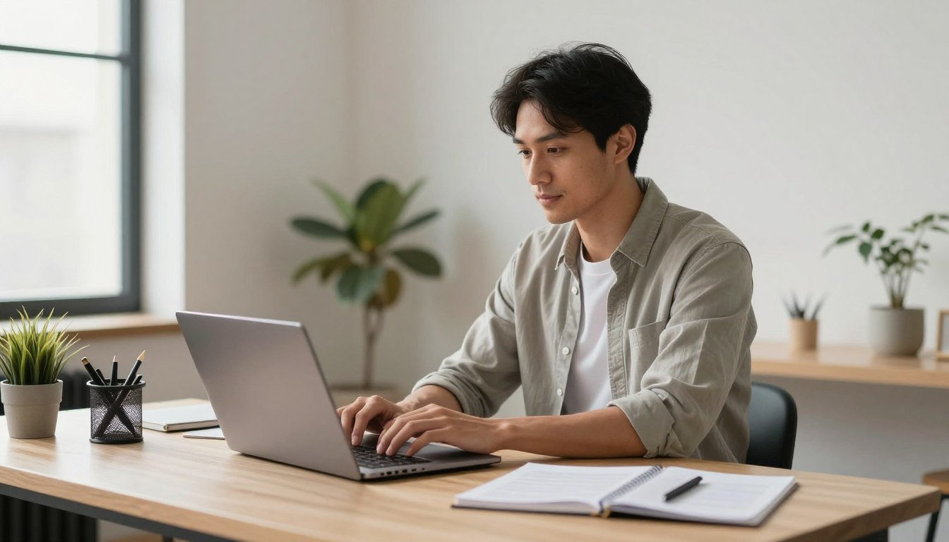 Solo entrepreneur working efficiently with Claude Cowork AI assistant on desktop computer