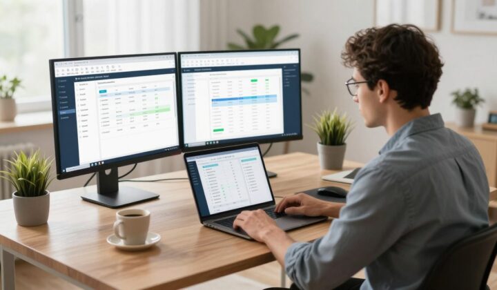 Solopreneur working efficiently with automation tools on laptop