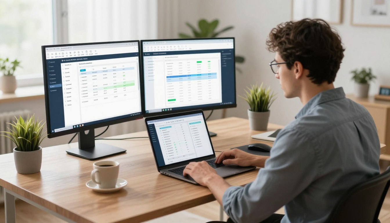 Solopreneur working efficiently with automation tools on laptop
